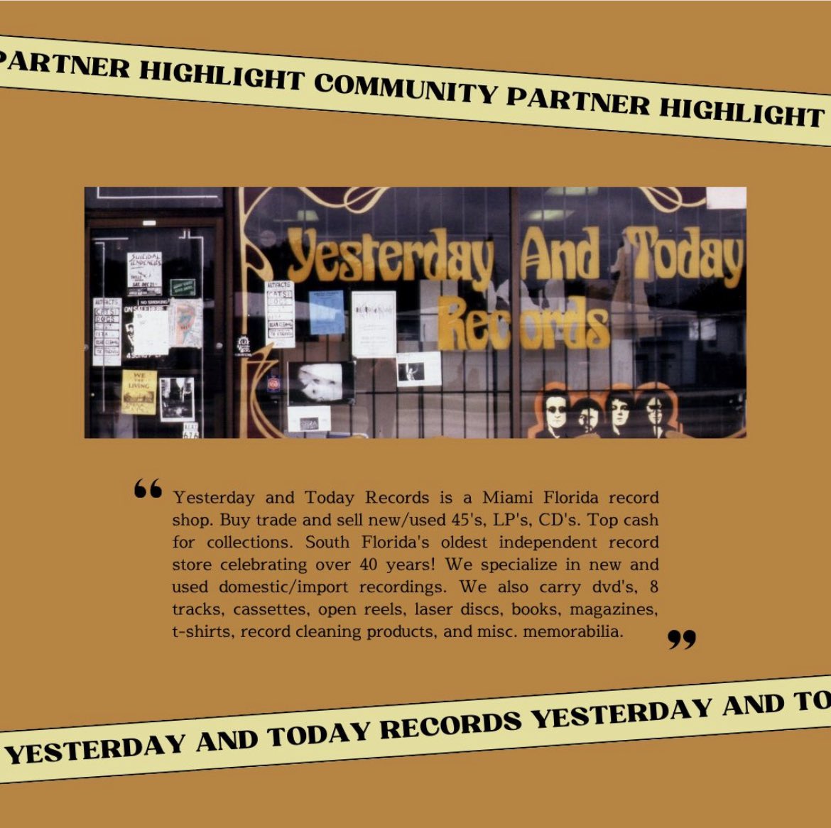 Yesterday and Today records is one of our community partners and has been a Miami staple for over 40 years! When you donate $60 or more within the year, you receive a 10% discount with this community partner. Thank you all so much for the continuous support!