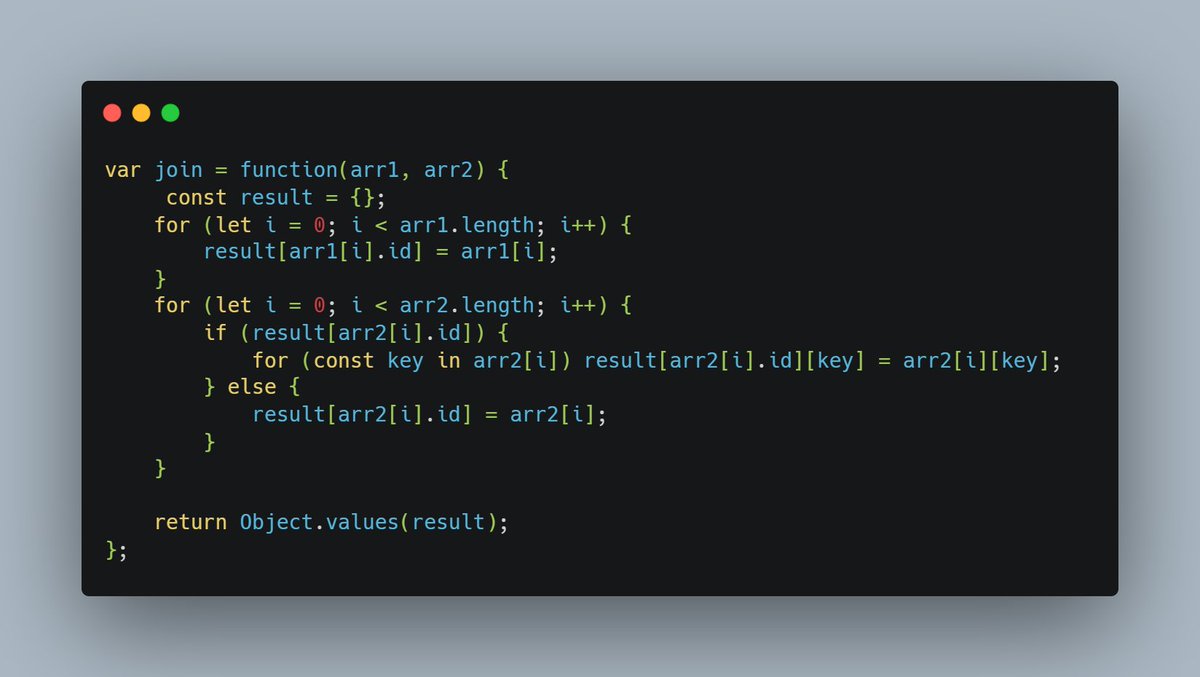 Day: 14
This code defines a function called join(). This function takes two arrays as input, arr1 and arr2. The function first creates an empty object called result. 
#AlgorithmSeptember #WebDev #JavaScript #Algorithms
@RebaseAcademy
#30daysAlgo
