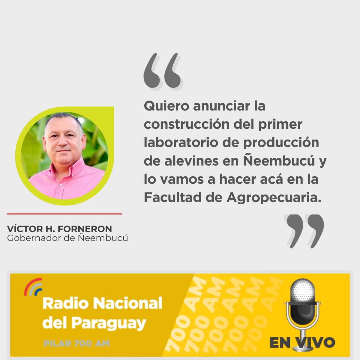 Radio Carlos A.López (@radiozp12pilar) on Twitter photo Gobernador de Ñeembucú <a href="/VictorHForneron/">Victor Hugo Forneron</a> anunció la construcción del primer laboratorio de producción de alevines.
👉Lo hizo hoy durante un acto desarrollado en la Facultad de Ciencias Agropecuarias y Desarrollo Rural. Gobernador de Ñeembucú <a href="/VictorHForneron/">Victor Hugo Forneron</a> anunció la construcción del primer laboratorio de producción de alevines.
👉Lo hizo hoy durante un acto desarrollado en la Facultad de Ciencias Agropecuarias y Desarrollo Rural.