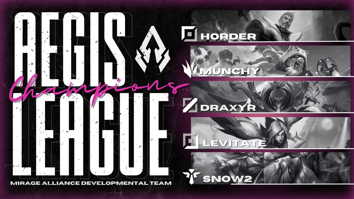 Mirage Alliance (@miragealliance) on Twitter photo TIME TO GET MAD😡
INTRODUCING MIRAGE ALLIANCE DEVELOPMENTAL
<a href="/Horder_NA/">Horder</a>
@LolMunchy
<a href="/Draxyr/">Draxyr</a>
<a href="/Levitatelol/">Joseph Hong</a>
@Lol__Snow2
@Kachulol
They will be competing in <a href="/AegisEsportsGG/">Aegis Esports</a> Champion League alongside our main roster starting September 22nd! TIME TO GET MAD😡
INTRODUCING MIRAGE ALLIANCE DEVELOPMENTAL
<a href="/Horder_NA/">Horder</a>
@LolMunchy
<a href="/Draxyr/">Draxyr</a>
<a href="/Levitatelol/">Joseph Hong</a>
@Lol__Snow2
@Kachulol
They will be competing in <a href="/AegisEsportsGG/">Aegis Esports</a> Champion League alongside our main roster starting September 22nd!