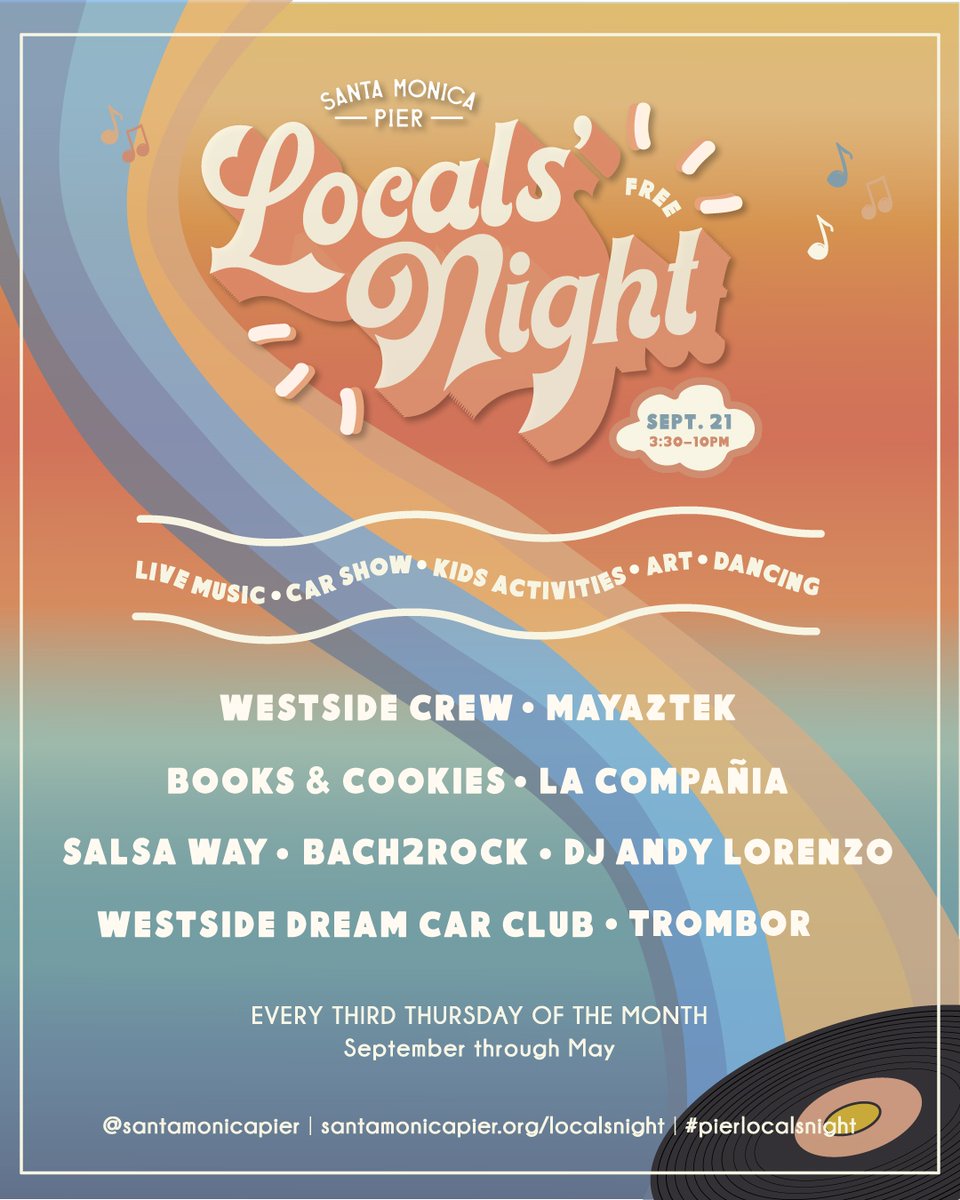 SantaMonicaPier's tweet photo. Get ready to groove, because we've just dropped the lineup for our first Locals' Night back this season on 9/21! 

#pierlocalsnight #santamonicapier #smpier #santamonica #thirdthursdays #livemusic #kidsactivies #Free #locals #seesantamonica #mysecretla https://t.co/4GhLeZf4X9