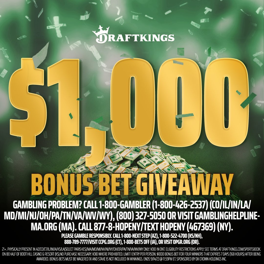DraftKings Sportsbook (@dksportsbook) on Twitter photo IT'S ALMOST FRIDAY, THEREโS FOOTBALL ON TONIGHT AND WE'RE GIVING AWAY A $1,000 BONUS BET.
1. Follow <a href="/DKSportsbook/">DraftKings Sportsbook</a>.
2. Retweet this tweet.
3. Reply with #DraftKings and your pick to win #TNF tonight.
1 WINNER. $1,000 BONUS BET. RULES: dkng.me/3LoyA4C IT'S ALMOST FRIDAY, THEREโS FOOTBALL ON TONIGHT AND WE'RE GIVING AWAY A $1,000 BONUS BET.
1. Follow <a href="/DKSportsbook/">DraftKings Sportsbook</a>.
2. Retweet this tweet.
3. Reply with #DraftKings and your pick to win #TNF tonight.
1 WINNER. $1,000 BONUS BET. RULES: dkng.me/3LoyA4C