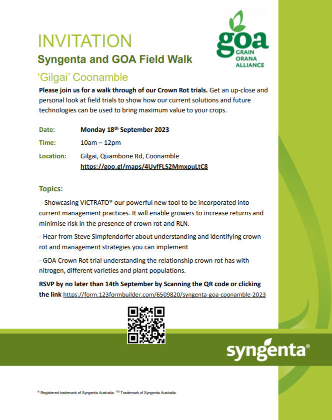 🌱COONAMBLE FIELD WALK: Next Monday, 18th🌱

Come &amp; hear about:
🟧#Syngenta's new seed dressing to help manage crown rot 
🟧@nswdpi's Steve Simpfendorfer talk all things about the disease
🟧GOA's trial work in this space

<a href="/s_simpfendorfer/">Steven Simpfendorfer</a> @NSWDPI_AGRONOMY <a href="/MaurieStreet/">Mauriestreet</a> <a href="/bennyob/">ben obrien</a>