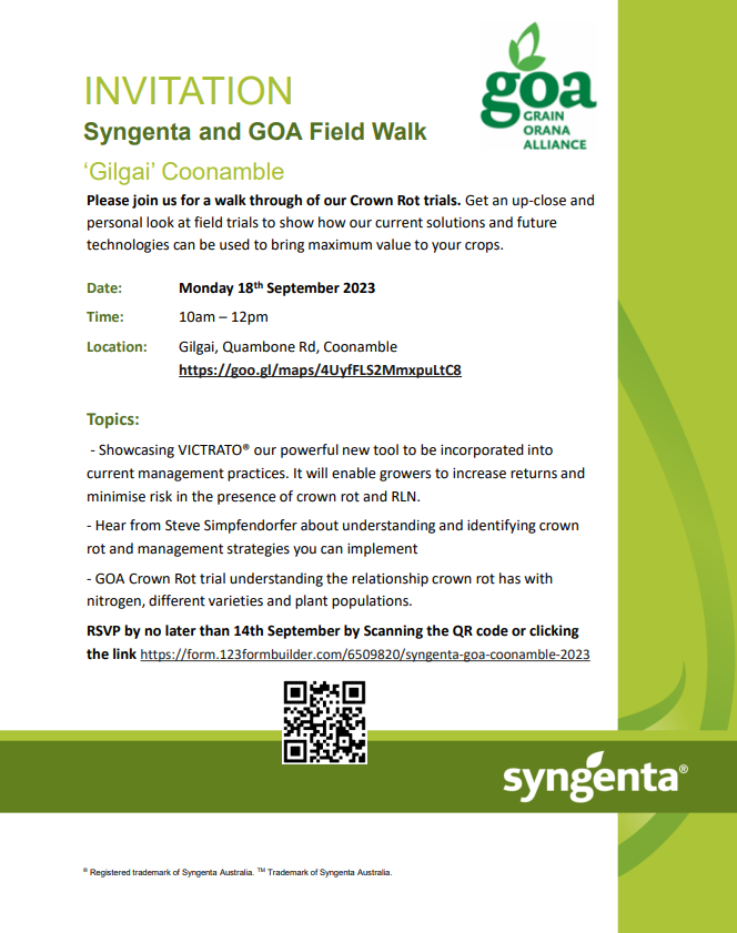 🌱COONAMBLE FIELD WALK: Next Monday, 18th🌱 Come & hear about: 🟧#Syngenta's new seed dressing to help manage crown rot 🟧@nswdpi's Steve Simpfendorfer talk all things about the disease 🟧GOA's trial work in this space @s_simpfendorfer @NSWDPI_AGRONOMY @MaurieStreet @bennyob