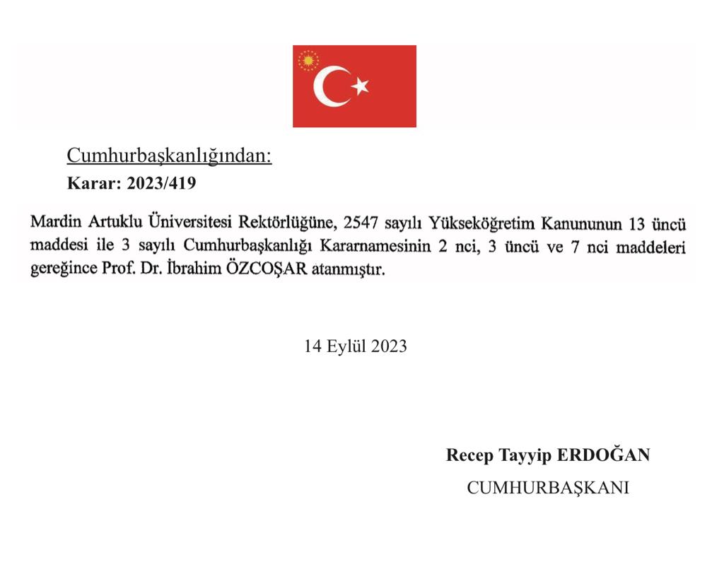 ibrahimozcosar's tweet image. Sayın Cumhurbaşkanımızın @RTErdogan ‘ın takdir ve tensipleri ile  @mardinartuklu Üniversitesine yeniden rektör olarak atanmış bulunmaktayım. Şahsımı bu göreve yeniden layık gören Sayın Cumhurbaşkanımıza, YÖK Başkanımız Sayın @erolozvar’a ve YÖK üyelerine teşekkür ediyorum.