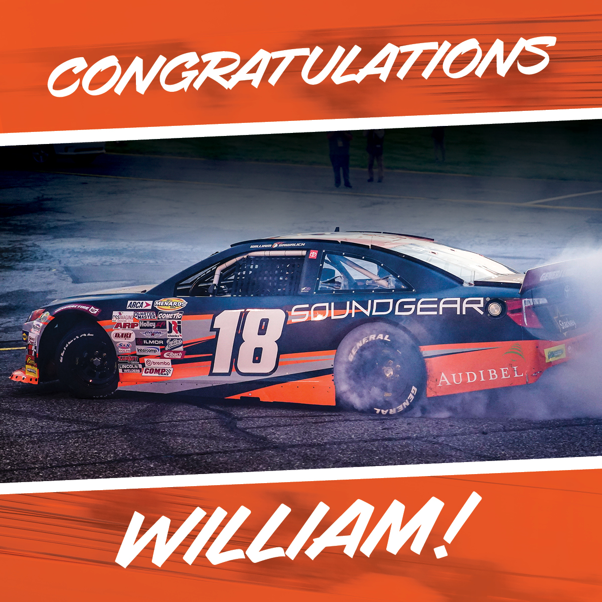 The #18 Starkey/SoundGear car is pictured with accompanying text that reads "Congratulations William!"