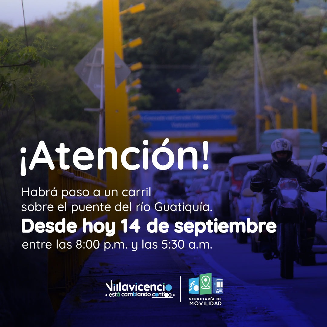 villavomovilida's tweet photo. Recuerda que desde esta noche comienza el paso a un carril sobre el puente Guatiquía por la instalación de juntas de dilatación en su superficie.🌉

Te recomendamos seguir las indicaciones del personal de @Covioriente.

#AsíSeMueveVillavo https://t.co/u8Mm0mpRcU