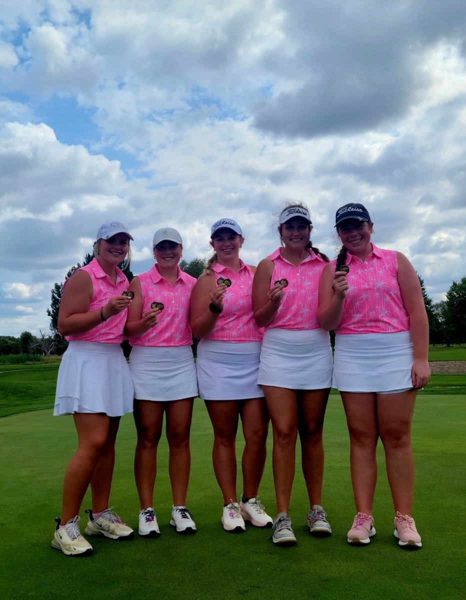 BOWGIRLSGOLF's tweet photo. A banner day for our program! JV went to Mullen and came away with 3 of top 5 medals. Varsity went to NP Invite and won the team title (327) with 4 medalist. @its_cam_bam broke the 9 hole record with a 31 and the 18 hole record with a 65! Very proud! #backFOURmore #nebpreps https://t.co/NjudNuHfXP