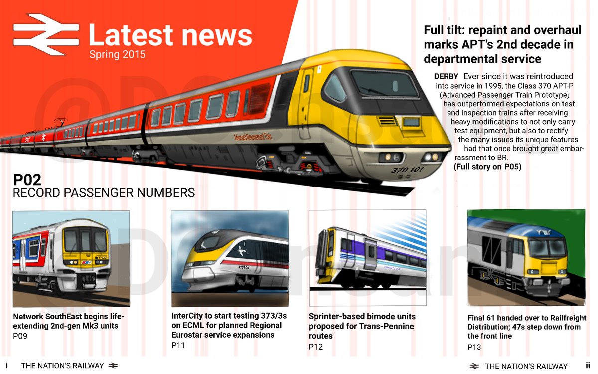 #whatcouldhavebeen the index pages from the Spring '15 edition of BR's quarterly magazine 'The Nation's Railway'.

#britishrail #class370 #advancedpassengertrain #class319 #thameslink #networksoutheast #class373 #eurostar #transpennineexpress