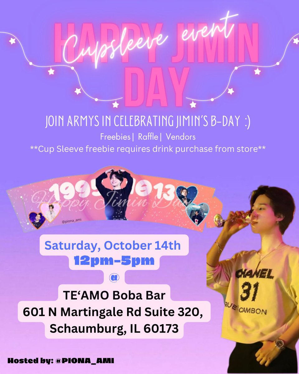 Jaccq_q's tweet photo. @kbubblevents 
BTS Jimin’s BIRTHDAY
CUPSLEEVE EVENT!
A Happy Jimin Day Cup Sleeve event hosted by @piona_ami 

Updates will be announced leading up to the event, so stay tuned! If any vendors are interested please dm me @piona_ami on Instagram! https://t.co/Uecanq8qGV