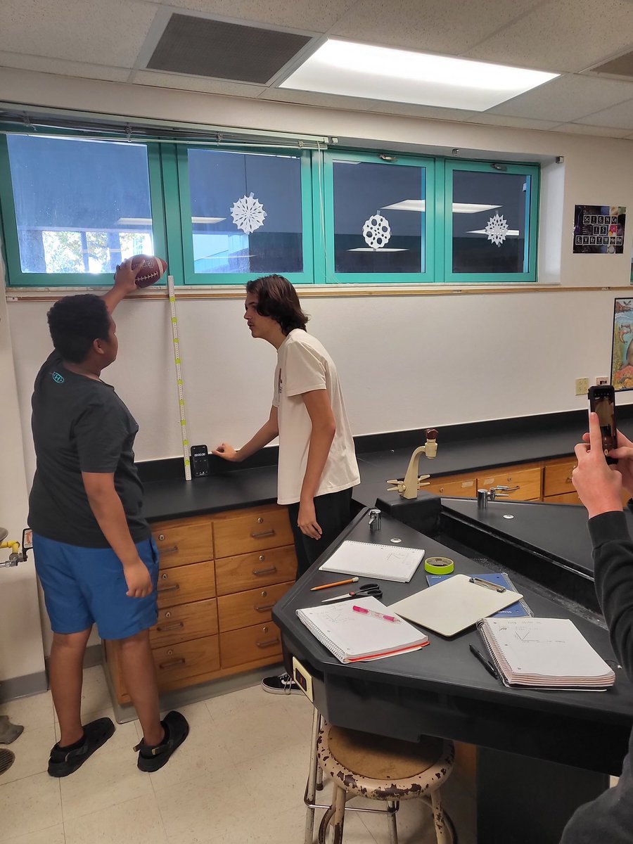 A fun day in Mr. Altice’s physics class today. Honors physics got to analyze some projectile motion with soda can basketball, and APP1 used some slowmo video to help calculate acceleration due to gravity. #SharksAllDayEveryDay