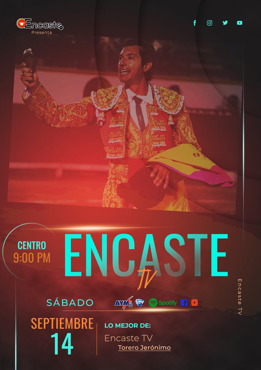 #EncasteTv 🐂🎙️

📅 Hoy 9pm.
➡️ Lo mejor de Encaste Tv.
📺 @AYMSports.
📲 Facebook Live, Youtube.