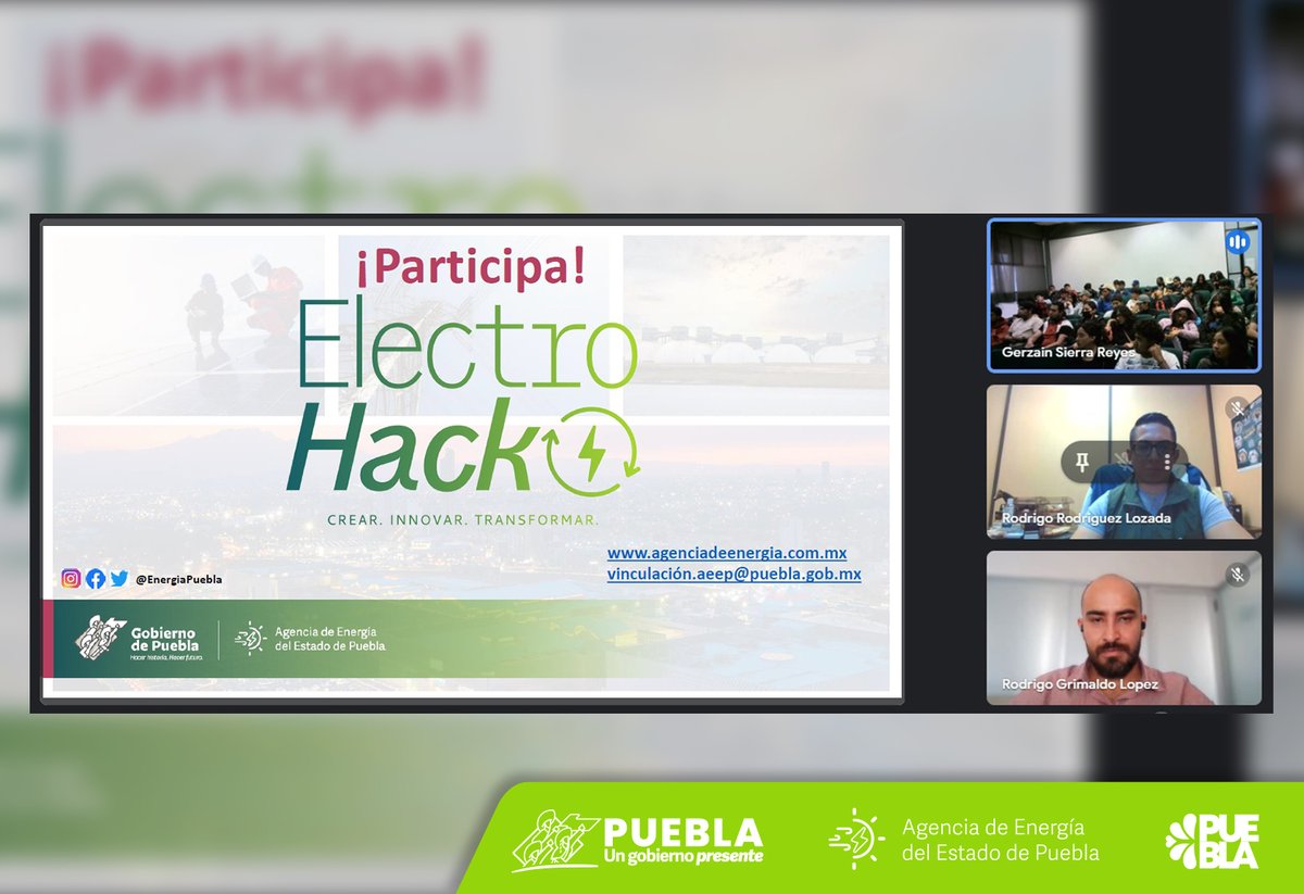 EnergiaPuebla's tweet photo. Tuvimos una sesión virtual informativa con la @UT_Oriental, invitamos a la comunidad estudiantil a participar en #ElectroHack2023 en alguna de las categorías: Energía o Electromovilidad. ⚡️🚗#UnGobiernoPresente impulsa el talento académico.
🗒️Registro: https://t.co/tgrfPMpPiW https://t.co/0Ly77MM7JB
