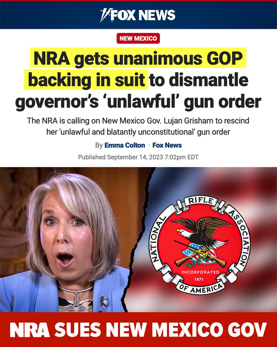 NRA SUES NEW MEXICO GOV. LUJAN GRISHAM

“See you in court,” said NRA-ILA Executive Director Randy Kozuch

More from <a href="/EmmColt/">Emma Colton</a>/<a href="/FoxNews/">Fox News</a>➡️ nra.wiki/nrasuesnm