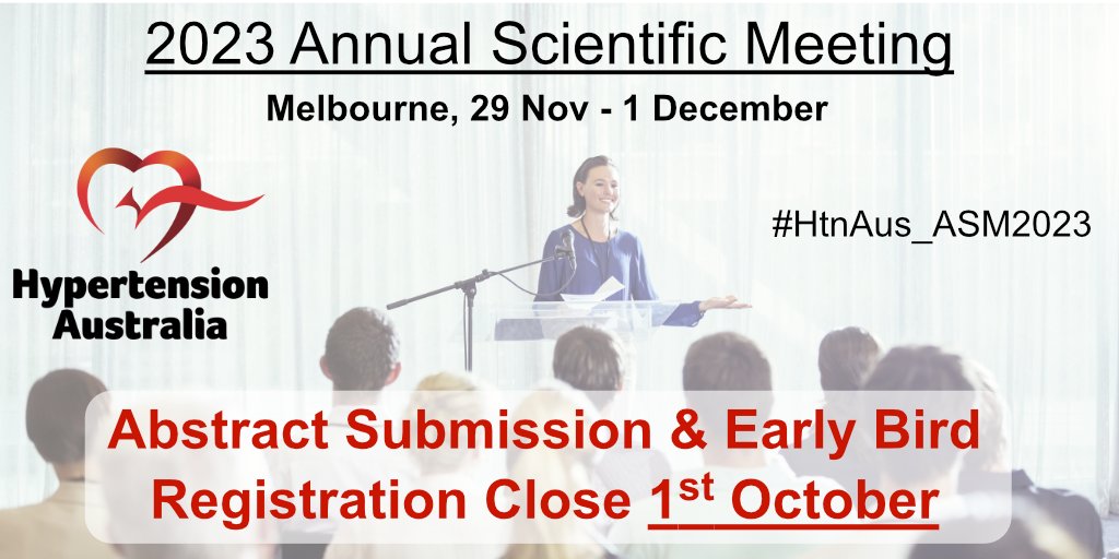 Hypertension Australia (@hypertensionaus) on Twitter photo Just over **2 weeks** left until abstract submission and early bird prices closes for #HtnAus_ASM2023! Make sure to register to take advantage of the cheaper rates.
bit.ly/30xUzyC
<a href="/OzCvA/">ACvA</a> <a href="/thecsanz/">CSANZ</a> <a href="/strokefdn/">Stroke Foundation</a> <a href="/heartfoundation/">Heart Foundation</a> <a href="/HRIAust/">Heart Research Institute</a> <a href="/ACDPAlliance/">Australian Chronic Disease Prevention Alliance</a> <a href="/UniMelbMDHS/">UniMelb MDHS</a> Just over **2 weeks** left until abstract submission and early bird prices closes for #HtnAus_ASM2023! Make sure to register to take advantage of the cheaper rates.
bit.ly/30xUzyC
<a href="/OzCvA/">ACvA</a> <a href="/thecsanz/">CSANZ</a> <a href="/strokefdn/">Stroke Foundation</a> <a href="/heartfoundation/">Heart Foundation</a> <a href="/HRIAust/">Heart Research Institute</a> <a href="/ACDPAlliance/">Australian Chronic Disease Prevention Alliance</a> <a href="/UniMelbMDHS/">UniMelb MDHS</a>