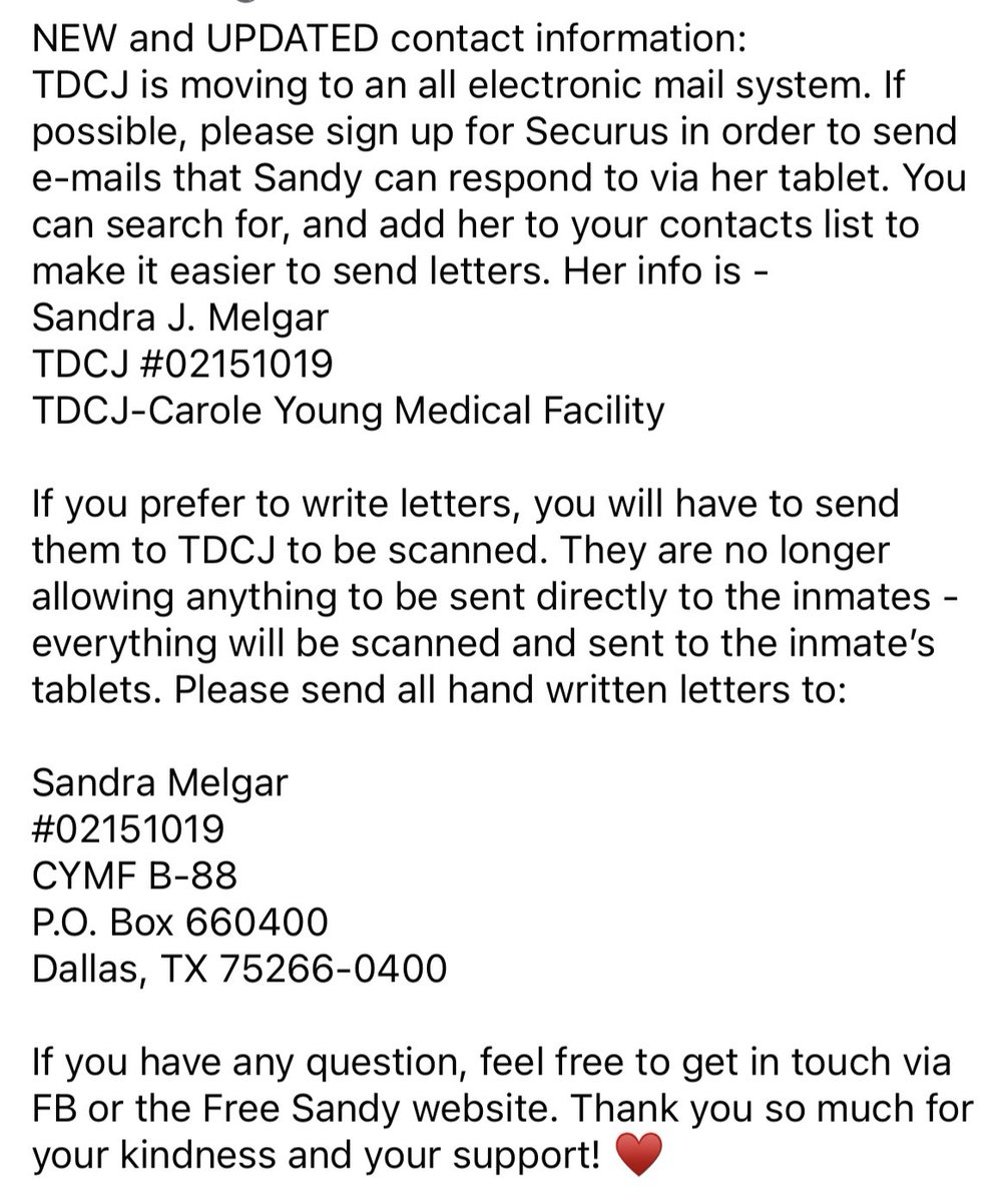 JustAsk_TheAxis's tweet photo. New and updated contact information for Sandy… 💌📮📧💻 #freesandymelgar #justiceforthemelgars #Justiceforjaime #justiceforjim #justicetogrieve #wrongfulconviction #truecrime #iptx #hisnamewasjimmelgar #hisnamewasjim https://t.co/Mral4iiG2L