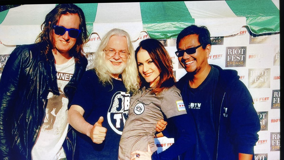 A historic photo from 2019 ⁦@RiotFest⁩ JBTV with late great Chris Vicente plus ⁦@laurenoneil⁩ and Greg Corner and me.