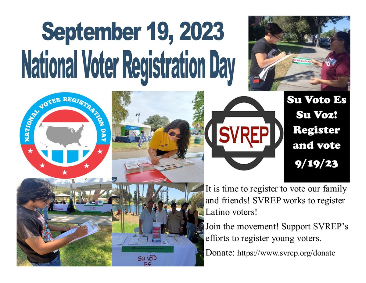 lcamarillo1's tweet photo. .@SuVotoEsSuVoz Tuesday, 9/19/23 marks National Voter Registration Day (NVRD). We take stock of VR efforts, Jan to #NVRD. #SVREP celebrates, prepares #NVRD2024. Tax-deductible gifts ensure largest #LatinoVote effort. 11.6 M Latinos need to be registered. https://t.co/QZROoG261x https://t.co/3BMYXPsGpf