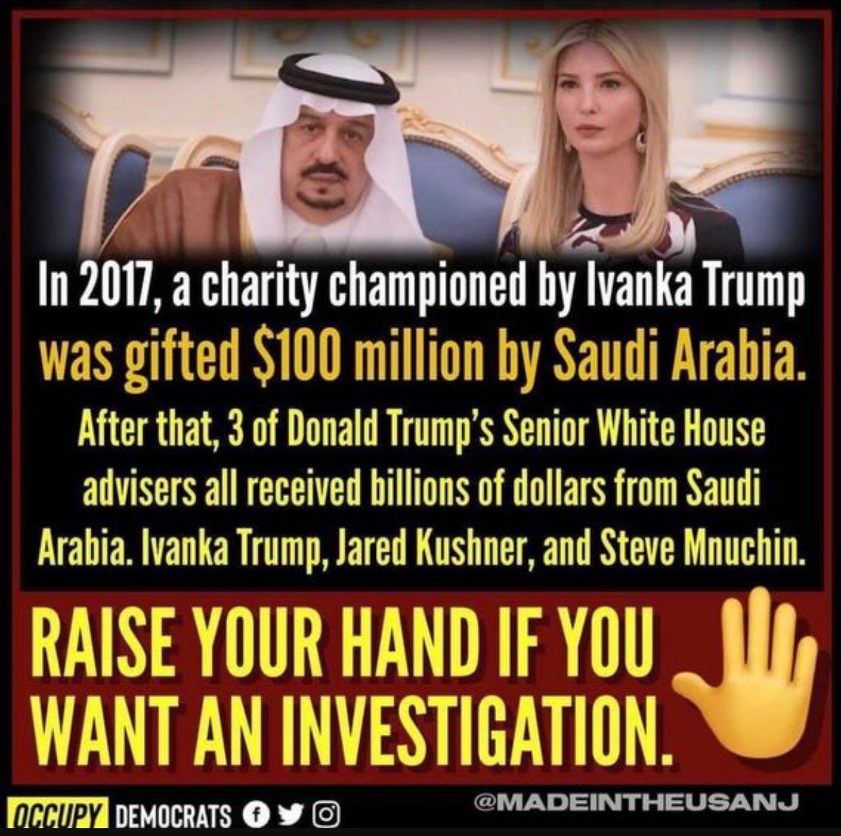 Merrick Garland must appoint a Special Counsel to investigate Ivanka and Jared. What Hunter Biden has been charged with is insignificant compared to the amount of money that Ivanka Trump and Jared Kushner got from the Saudis. Hunter lied on the form but he never shot anybody!