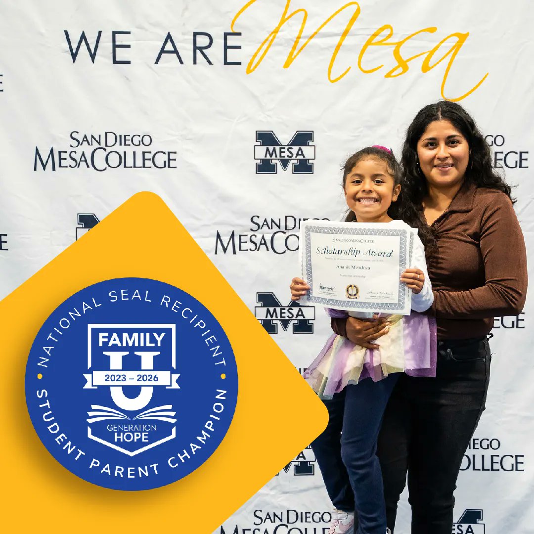 sdmesacollege's tweet photo. Generation Hope, a nonprofit dedicated to ensuring all student parents have the opportunities to succeed & experience economic mobility, announced today that San Diego Mesa College is among one of fourteen colleges chosen in its inaugural FamilyU Seal recipients. #FamilyU #SDMesa https://t.co/PtHhWXR8rL