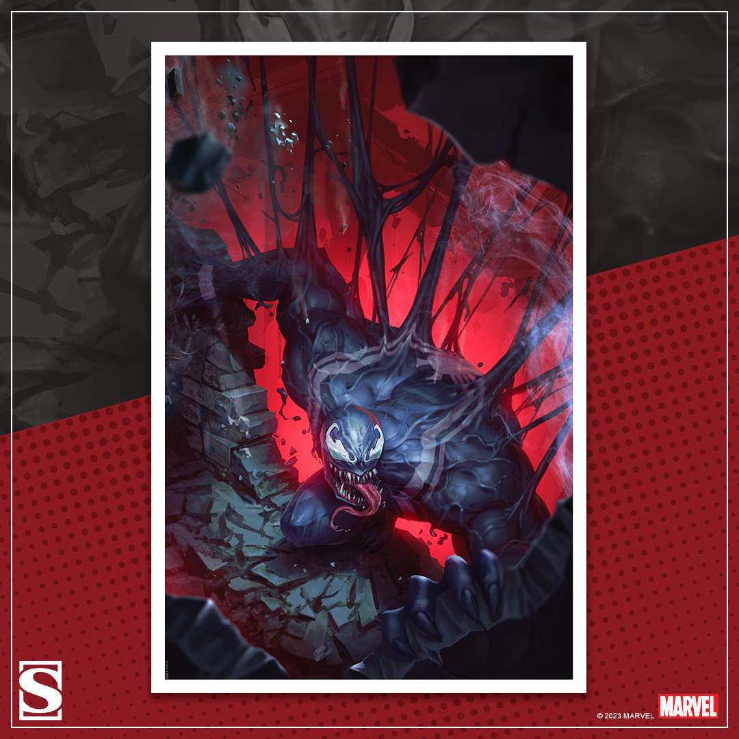 Eddie Brock and his alien associate are on the hunt in the #Venom Fine Art Print by Woo Chul Lee. This print will be available for pre-order on 9/22 (100 on paper &amp; 50 on HD aluminum), but you have a chance to win it by following our link!

side.show/0u5mz

#Marvel #Art