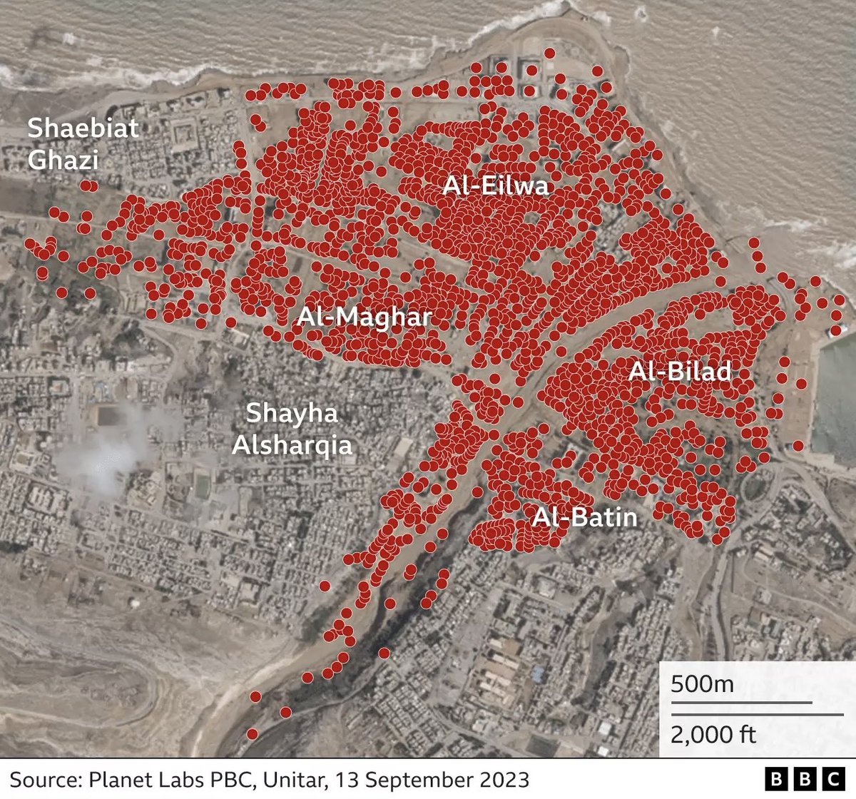 Preliminary analysis from the United Nations Satellite Centre shows that more than 2,200 buildings in Derna, eastern Libya appear to have been exposed to the floodwaters, killing more than a tenth of the city's population.