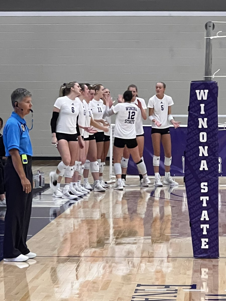 Coach_Bergy's tweet photo. Great energy on and off the floor tonight!  Love seeing so many other @WinonaStateATH student-athletes supporting our @WinonaStateVB 

1-0. https://t.co/0Tvhw9AqjU