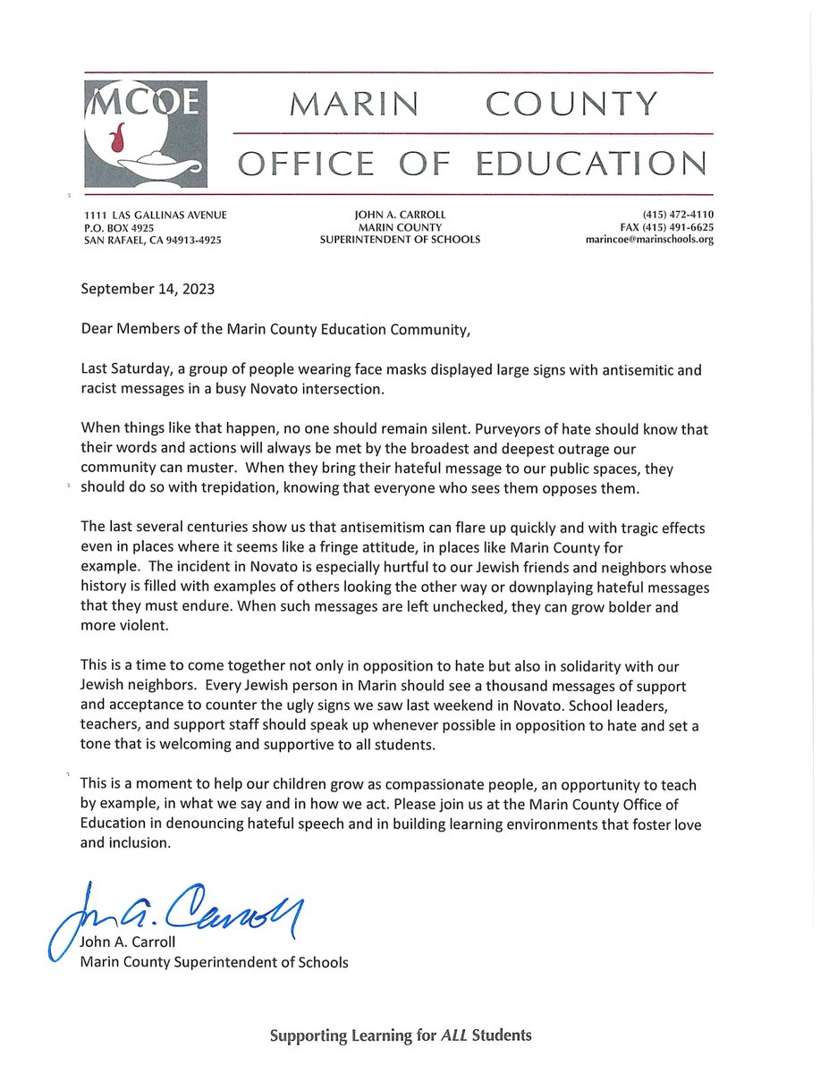 MCOE Ed Services (@mcoepd) on Twitter photo Please read <a href="/MarinSupe/">John Carroll</a>'s response to an Antisemitic/Racist Incident this past weekend. Join us at the Marin County Office of Education in denouncing hateful speech and in building learning environments that foster love and inclusion. marinschools.org/cms/lib/CA0100… Please read <a href="/MarinSupe/">John Carroll</a>'s response to an Antisemitic/Racist Incident this past weekend. Join us at the Marin County Office of Education in denouncing hateful speech and in building learning environments that foster love and inclusion. marinschools.org/cms/lib/CA0100…