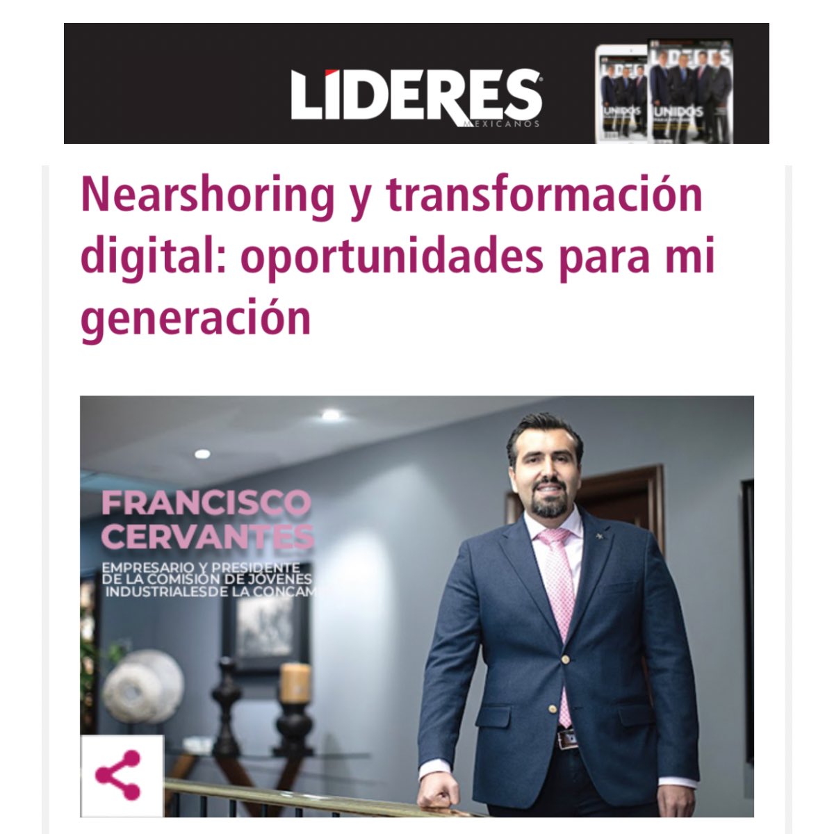 Felicidades a mi hijo Francisco Cervantes <a href="/fcervantes9/">francisco cervantes</a>, por su compromiso con México y su labor para impulsar a más jóvenes en el sector empresarial. ¡Estoy orgulloso de ti! 🇲🇽👏 #JóvenesEmpresarios 
#OrgulloMexicano 

▶️lideresmexicanos.com/gobierno-en-li…
