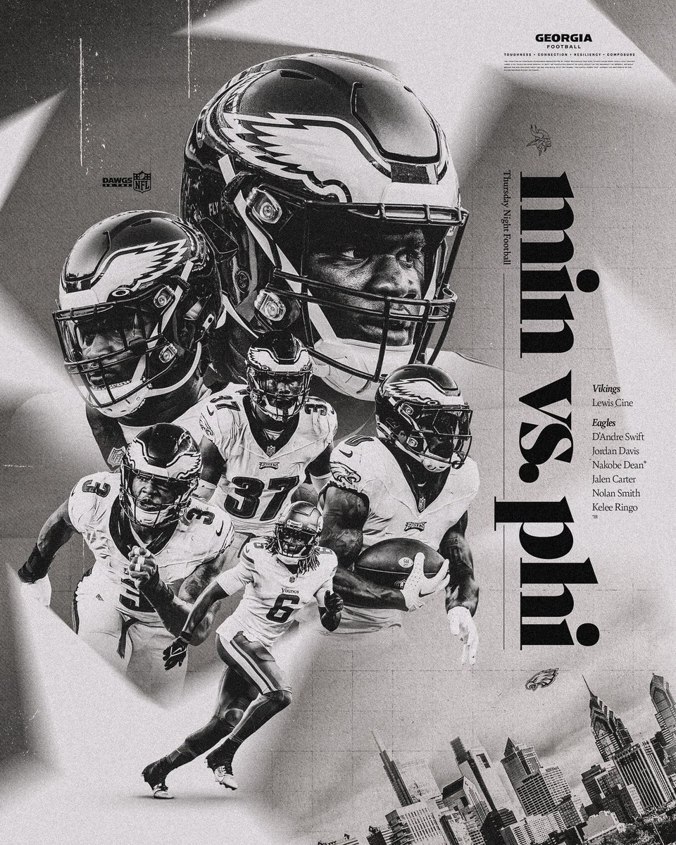 GeorgiaFootball's tweet photo. Lots of Dawgs in tonight’s matchup 🐶

#MINvsPHI - 8pm ET on Prime Video
#GoDawgs | #DawgsInTheNFL https://t.co/vKzHVc0qER