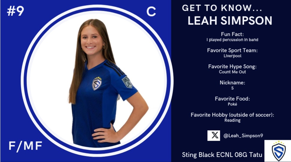 StingECNL08's tweet photo. ***Player Spotlight***
Meet one of our team captains, Leah!
"S" is a spunky, tireless, and fearless forward/midfielder.
Hebron High School
Class of 2026
@Leah_Simpson9
#weareSting #StingThing
@TopDrawerSoccer @ImYouthSoccer @adamflynnAF @StingSoccerClub @PrepSoccer https://t.co/colX9NhQPx