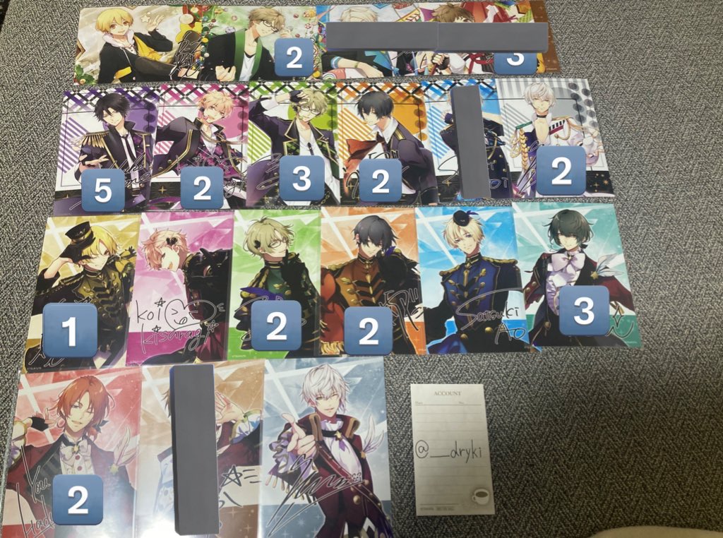 ____dryki's tweet photo. 【交換】ツキウタ  アニバーサリー ブロマイド 直筆

譲:画像参照

求:新(1st)①>夜 海 (1st>2nd>3rd) 淡い花1 君花星3

郵送での交換希望です。2枚目黒年長は白年長との交換。
内容によりお返事にお時間いただく場合がございます。
よろしくお願いいたします！ https://t.co/ZtIoclSV1e