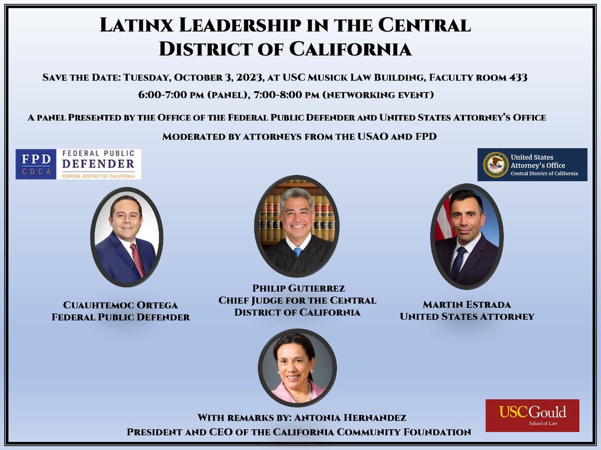 fpdcdca's tweet image. To commemorate Hispanic Heritage Month, join us  for an event featuring Latino leaders of the Central District of  California on 10/3 from 6-8 pm at USC's Musick Law Building, Rm. 433.  All are welcome to join. #Latinx #HeritageMonth