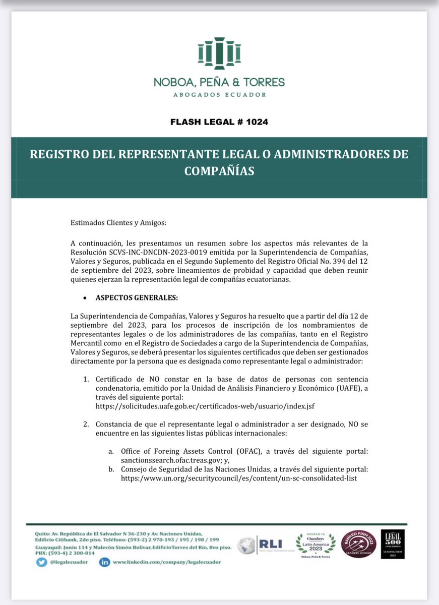HenryGaiborF's tweet image. Flash Legal: @legalecuador informa los aspectos más relevantes de la Res. SCVS-INC-DNCDN-2023-0019 emitida por la #SCVS, publicada en el 2do Sup. del #RO No. 394 del 12/Sep/23 sobre lineamientos de probidad y capacidad que deben reunir quienes ejerzan la Rep. Leg. de Cías. en 🇪🇨.