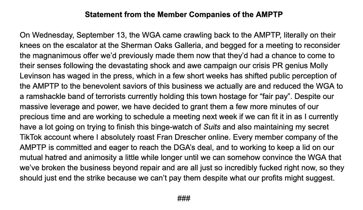there are a lot of rumors and false reports floating around out there about our next meeting with the WGA. below is my one and only official statement on the matter.