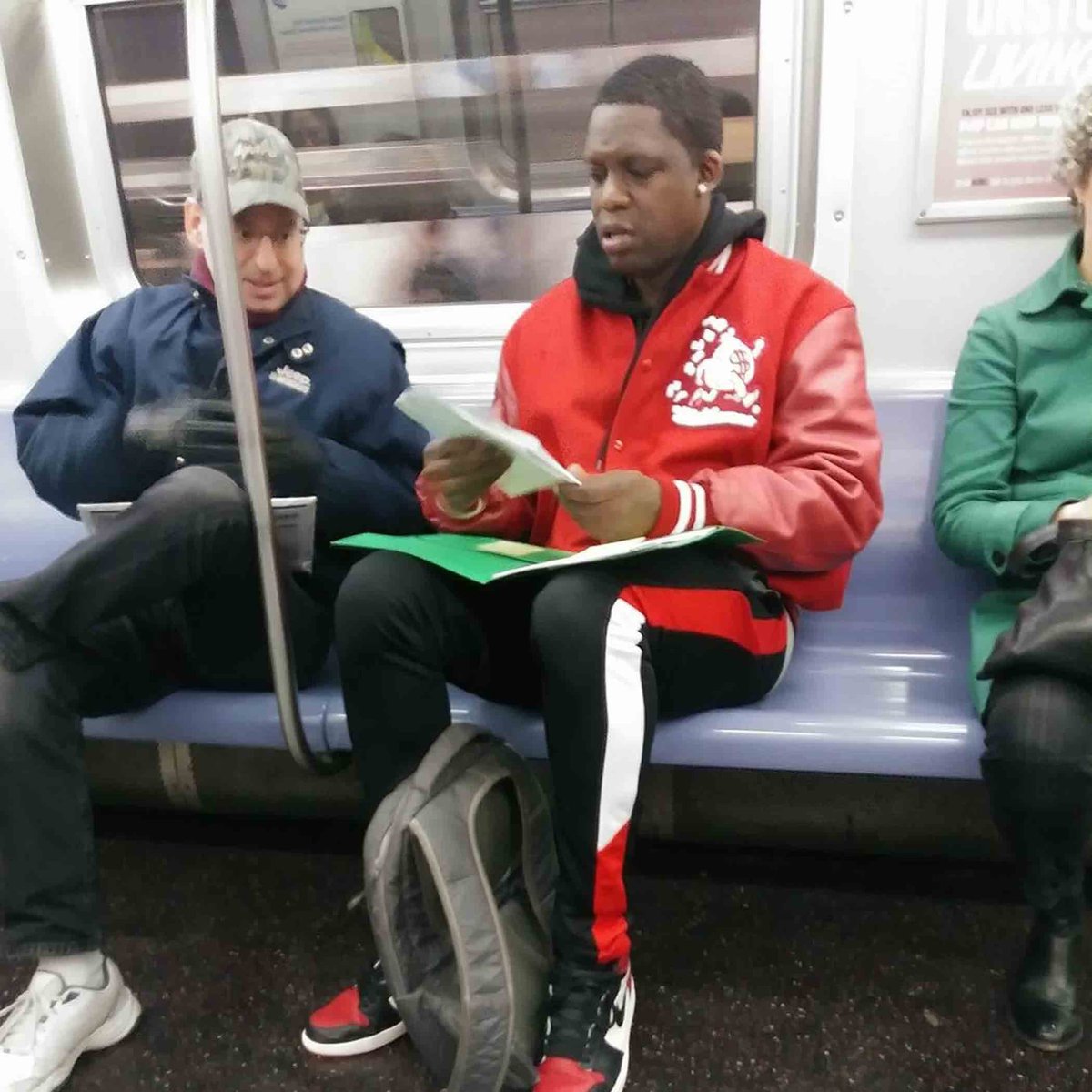 “Today, the man wearing red got on the subway, he opened his folder and started reading. 🧐 A few stops later a man got on and asked him “what are you studying for? You look confused, maybe I can help?” He said my son just failed a math test, and I am re-studying fractions so