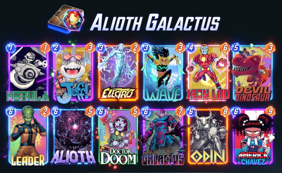 SnapChapsPod's tweet image. Picked up a couple infinity tickets today with this beauty from @LambySeriesGG. Leader beats Galactus mirror, Dino is great for prio, Alioth into Odin with prio feels OP. Lost a couple tough match ups against Loki and Inshenaut but otherwise 🔥 @SnapDecks @MarvelSnapZone