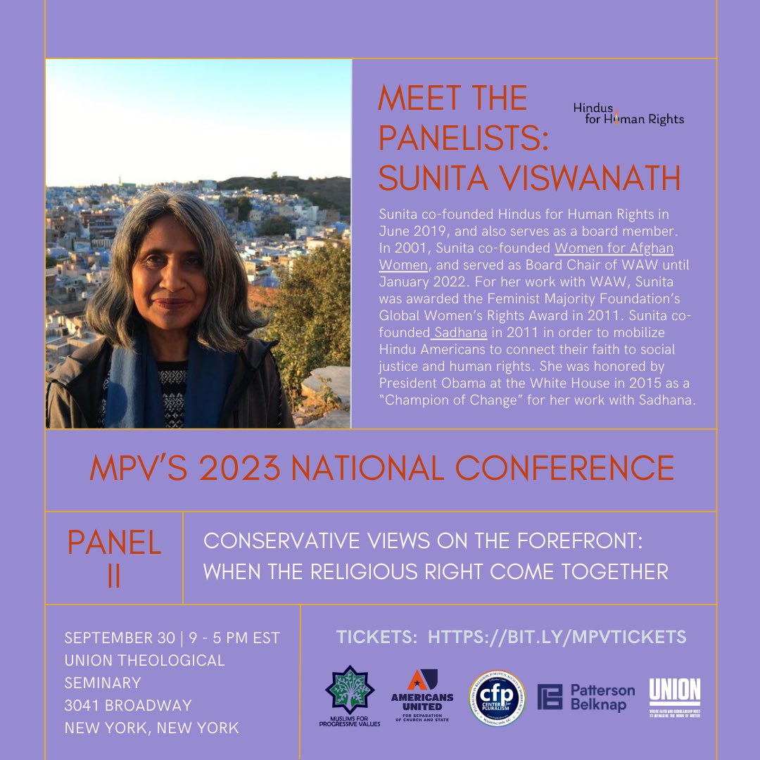 MPV (@mpvusa) on Twitter photo Meet the Speakers for MPV's National Conference 🎙
Sunita Viswanath is the ED of <a href="/Hindus4HR/">Hindus for Human Rights</a> & co-founder of <a href="/SadhanaHindus/">Sadhana: Coalition of Progressive Hindus</a>, which mobilizes Hindu Americans to connect their faith to social justice & human rights.
Purchase tickets to hear Sunita speak ➡️ bit.ly/mpvtickets Meet the Speakers for MPV's National Conference 🎙
Sunita Viswanath is the ED of <a href="/Hindus4HR/">Hindus for Human Rights</a> & co-founder of <a href="/SadhanaHindus/">Sadhana: Coalition of Progressive Hindus</a>, which mobilizes Hindu Americans to connect their faith to social justice & human rights.
Purchase tickets to hear Sunita speak ➡️ bit.ly/mpvtickets