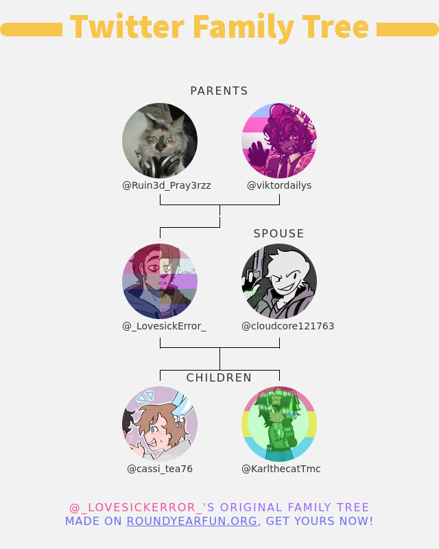 _LovesickError_'s tweet photo. 👨‍👩‍👧‍👦 My Twitter Family:
👫 Parents: @Ruin3d_Pray3rzz @viktordailys
👰 Spouse: @cloudcore121763
👶 Children: @cassi_tea76 @KarlthecatTmc

➡️ https://t.co/spmAsYUWfd https://t.co/OFQzyxyroo
