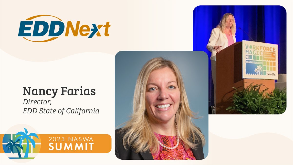 At yesterday's #NASWASUMMIT23, Director of the EDD, Nancy Farias, provided opening remarks and welcomed partners joining the sessions. 

“Through #EDDNext we are taking action to improve EDD and the experience of our customers through technology, of course, but more (1/2)