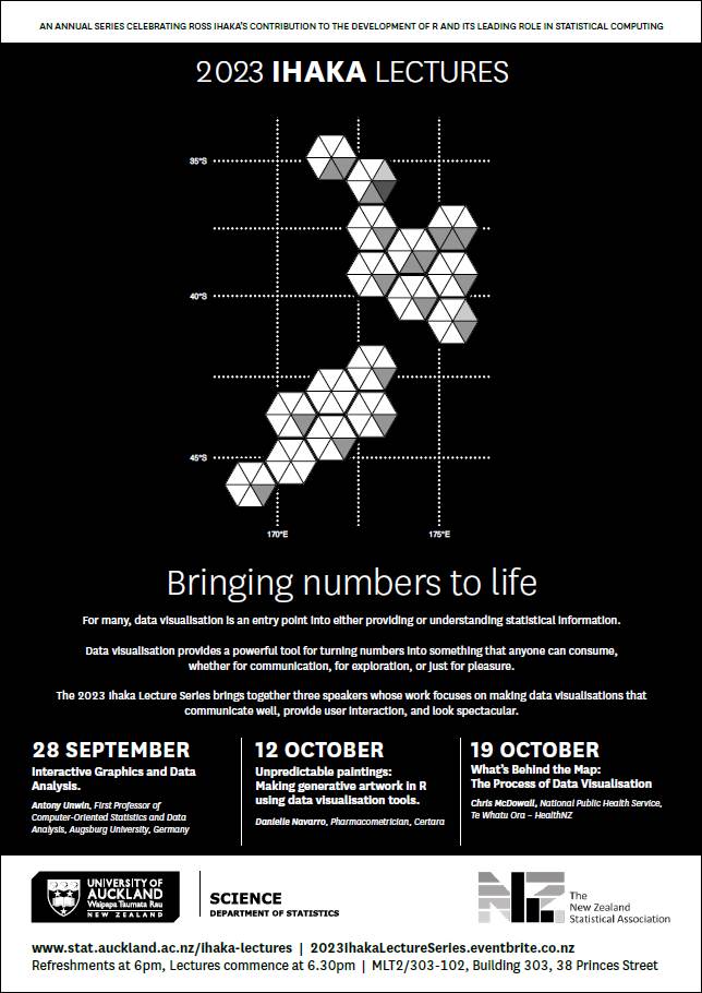 📢 Ihaka Lecture Series 2023:  Bringing numbers to life 📢

Sept. 28th 🗣️Antony Unwin
Oct. 12th 🗣️Danielle Navarro 
Oct. 19th 🗣️Chris McDowall

⏲️ 6:30pm to 7:30pm 
📍MLT2/303-102 
🍣🍷🍵🍰30 mins beforehand
📺 live stream available

Register: …23IhakaLectureSeries.eventbrite.co.nz