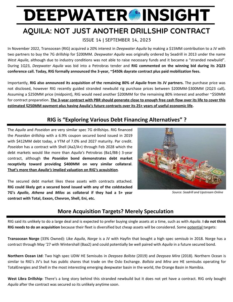 TommyDeepwater's tweet photo. $RIG $NOL.OL $OIH Background on RIG's newly purchased Deepwater Aquila 7G drillship

The new 3-year contract with $PBR in Brazil likely produces enough FCF to pay off the entire purchase price + contract prep costs. Aquila has another 25+ years of useful economic life after that https://t.co/NuTFrOlIey