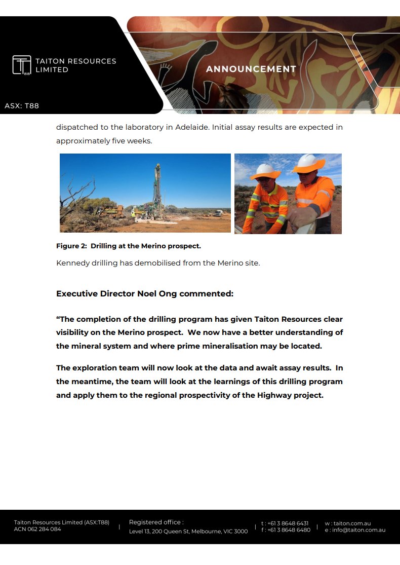 61Financial_AU's tweet photo. Taiton Resources (#ASX: $T88) has now completed its maiden drill program at Merino Prospect from its Highway Project. Most holes reached planned depth. Initial assay results are expected in ~5 weeks.
https://t.co/o9jmiG036s
#stocks #molybdenum #basemetal https://t.co/bSaqsFuL1Y