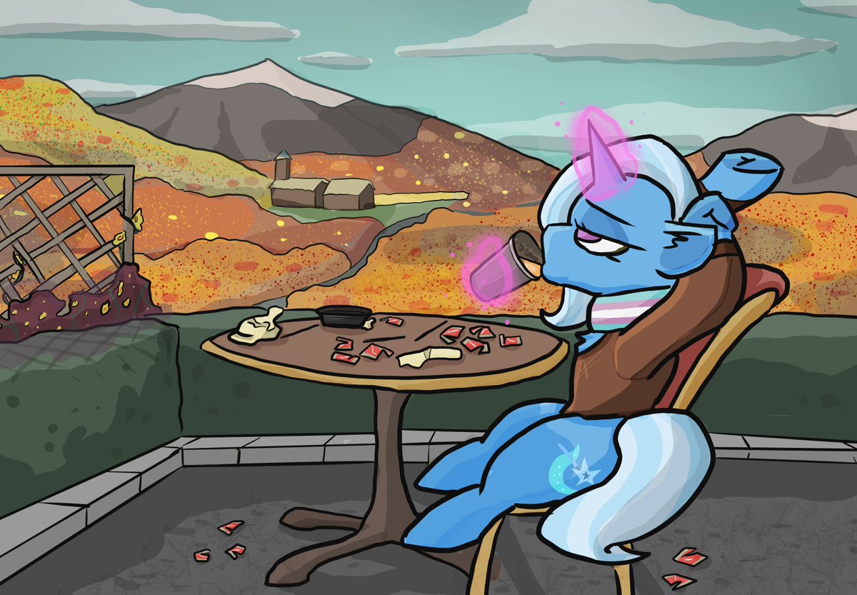 Venseyness's tweet photo. An Autumn scene of Trixie sipping on a pumpkin-flavored something that obviously wasn't sweetened enough. Commission by DavidP1522! https://t.co/xaBHinHYaT