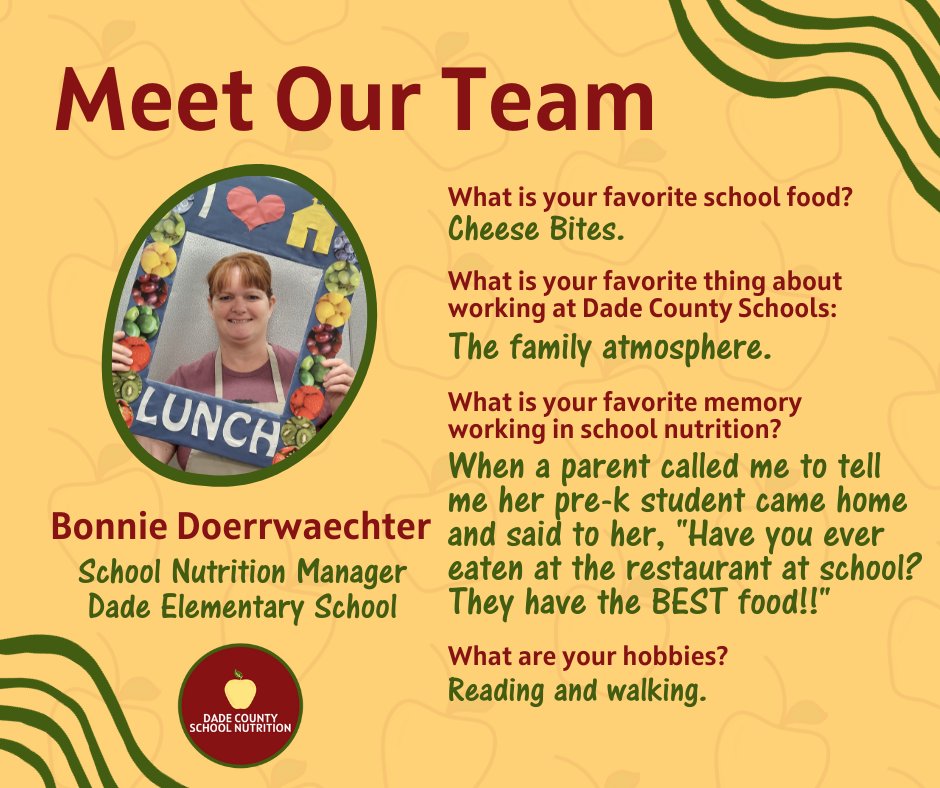 dadeconutrition's tweet photo. Everyone say hi to 👋🏽 Bonnie from Dade Elementary. 👋🏽 She has been at Dade County Schools for 2️⃣2️⃣ years! 🤩 Thank you for your dedication to our students and your teammates, Bonnie!

@dade_schools #TeamDadeGa #FuelingGA #servingstudentssuccess #watchusclimb #togetherweclimb https://t.co/t24JvFt4AH