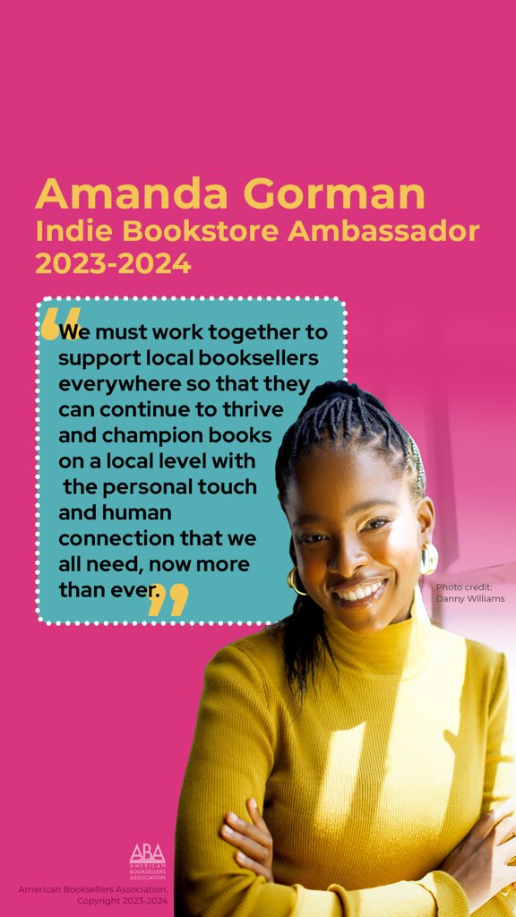 TheAmandaGorman's tweet image. I’m incredibly honored to be chosen as the American Bookseller Association’s Indie Bookstore Ambassador this year. Independent Bookstores are vital parts of our communities and bastions of literature. 💛