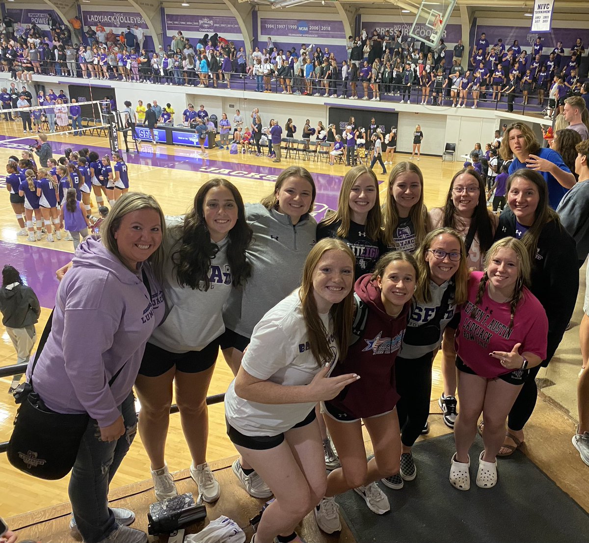 BrystalBeyer's tweet photo. @SFA_Bowling adding to the hype of battle of the piney woods #sweep @SFA_Volleyball @AxeSfa #theaXegames #AxeEm https://t.co/Pz61DsEk4D