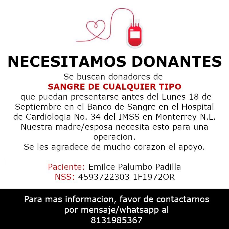 ❤️Amigos de mty el día hoy una persona muy querida de nuestra comunidad necesita su ayuda, el conocido como “paquito” en el chat, necesita donantes de sangre, si está en sus posibilidades y corazones ayudar por favor contáctenlo <a href="/ofsp6070/">Oscar Sáenz</a>, si puedes ayudar con un RT también suma