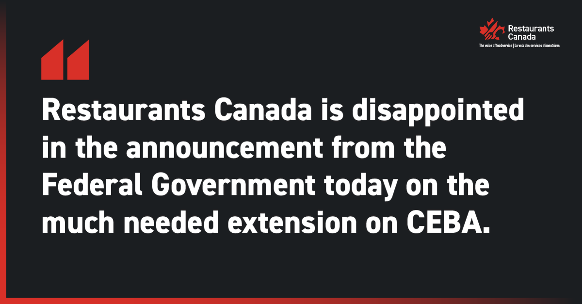(1/3)Restaurants Canada is disappointed in the announcement from the Federal Government today on the much-needed extension on CEBA.
bit.ly/3Zle8r5