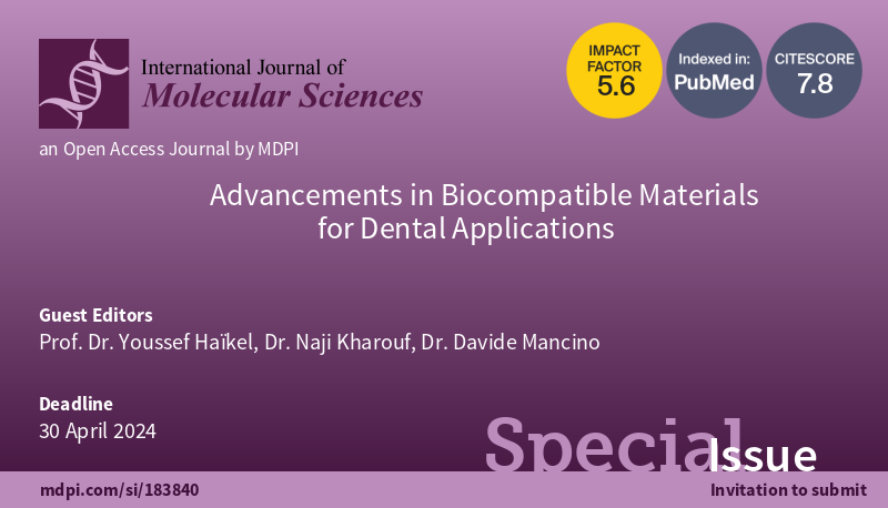 IJMS_MDPI's tweet image. 🦷Calling for Papers🦷

📚Advancements in #Biocompatible Materials for #Dental Applications

👨‍🔬Guest Editor: Prof. Youssef Haïkel, Dr. Naji Kharouf and Dr. Davide Mancino

🔗 Find Out More: mdpi.com/journal/ijms/s…
⏰Submission Deadline: 30 April 2024

@MDPIOpenAccess